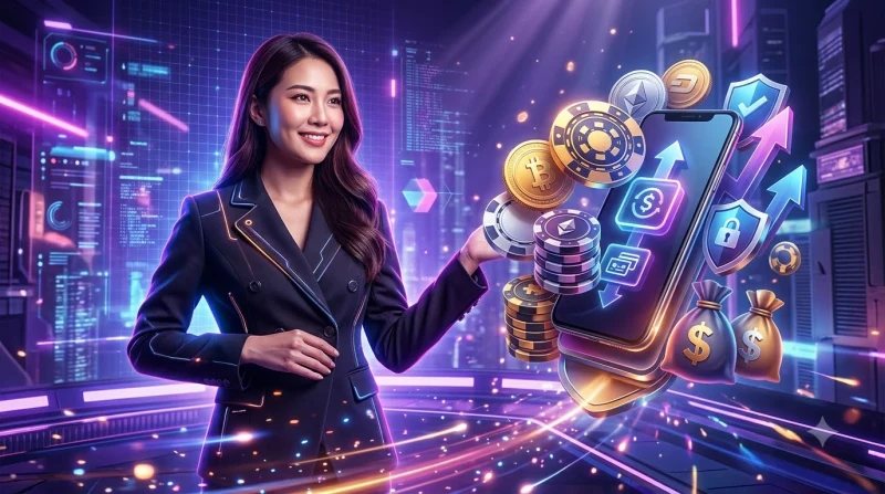 Người chơi rút tiền từ VSbet qua điện thoại với biểu tượng ví và xác nhận